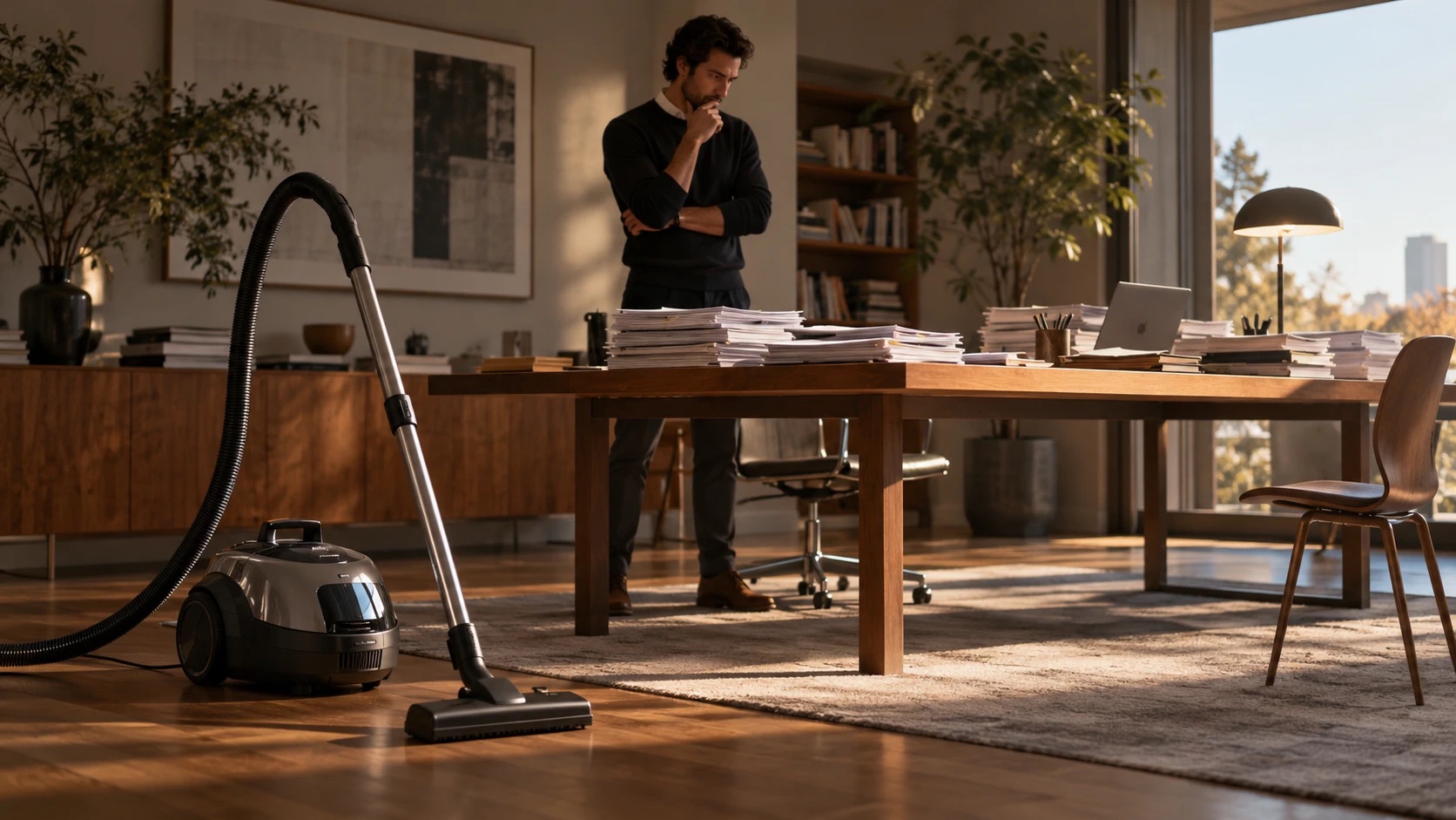 A man stands by a long table stacked with papers, a vacuum cleaner resting on the floor beside him.