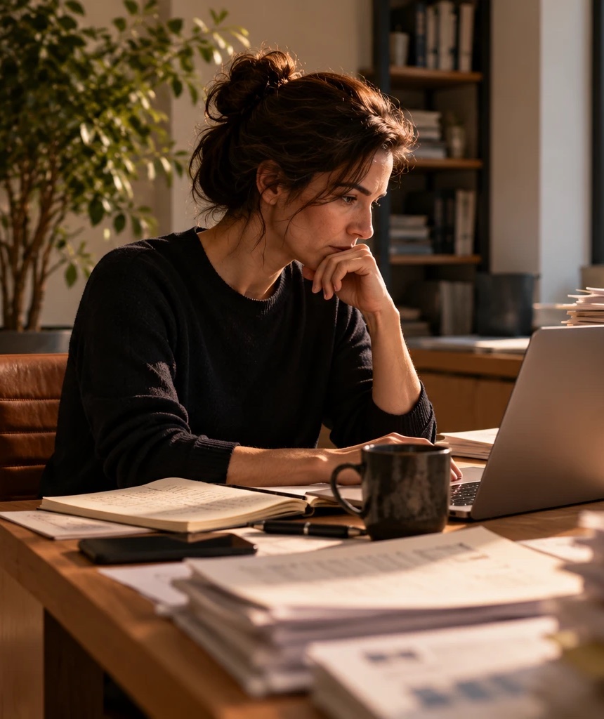 A woman working at a laptop, with stacks of printed papers across the desk in front of her.