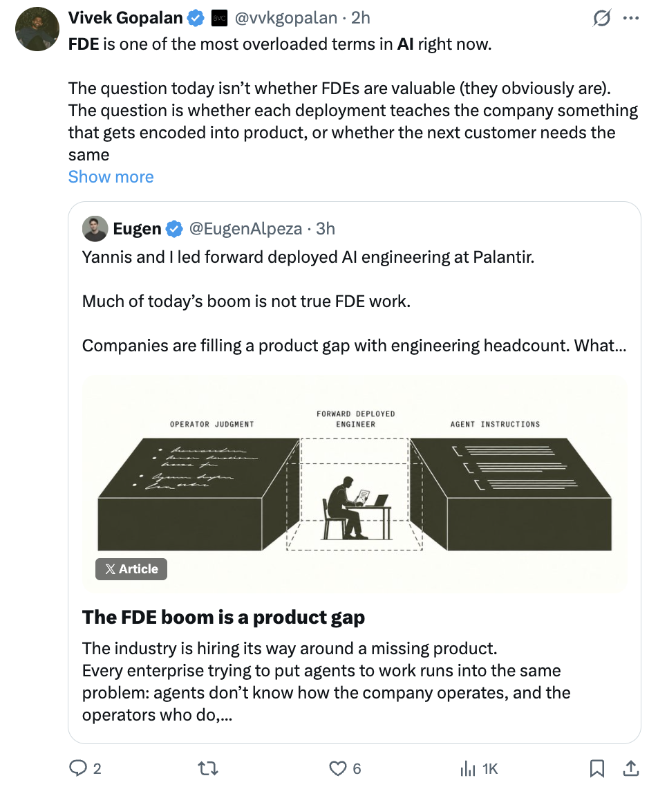 Post on X by Vivek Gopalan quoting Eugen Alpeza, debating whether the growth in forward deployed engineering reflects genuine deployment work or companies filling a product gap with engineering headcount.