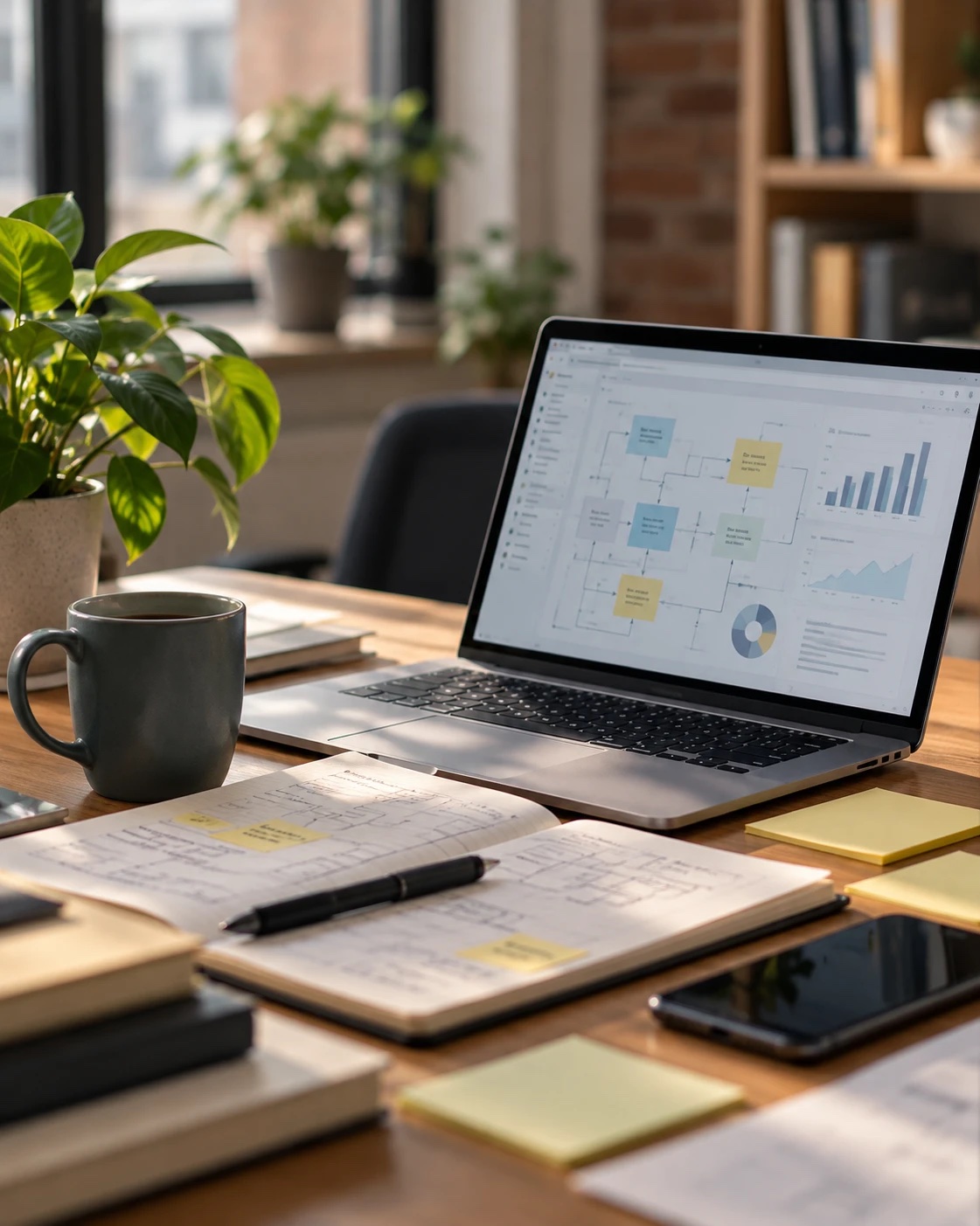 A laptop on a desk showing a workflow diagram and dashboards, beside an open notebook with hand-drawn process sketches.