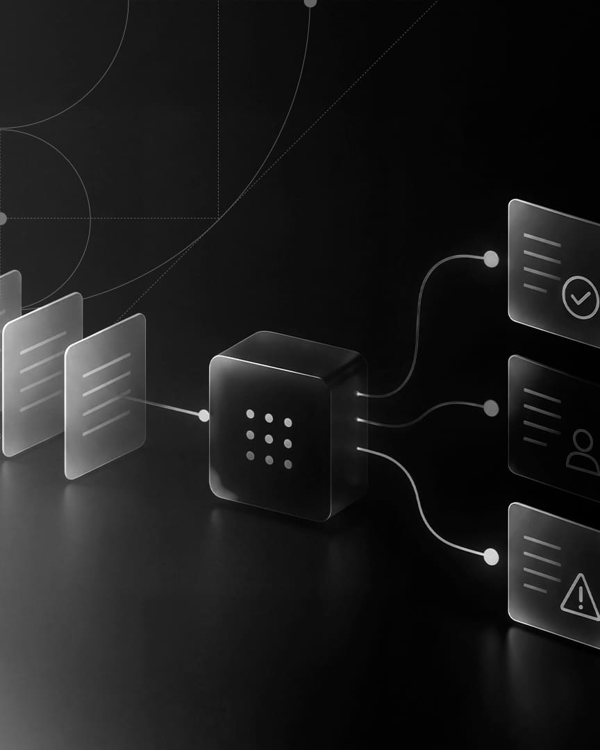 Rendered diagram of documents feeding into a single processing unit, which routes them to three different outcomes: an approval, a person and a warning.