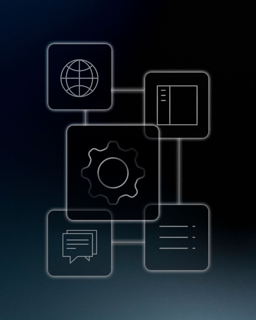 Abstract diagram of connected panels showing a globe, a document, a gear, a message thread and a checklist, linked into a single system.